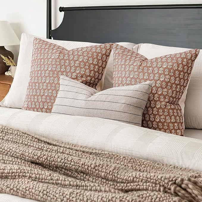 Foindtower Set of 2 Decorative Vintage Floral Print Throw Pillow Covers Neutral Farmhouse Cushion Covers Boho Home Decor for Sofa Couch Chair Bedroom Living Room,24×24 Inch,Light Orange Brown