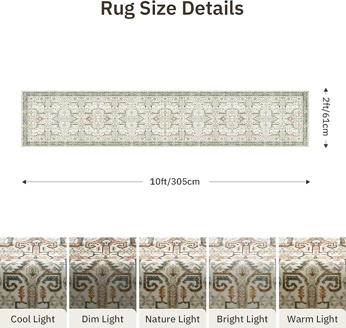 Hallway Washable Runner Rug 2x10 - Non Slip Vintage Kitchen Runner Rugs for Entryway Low-Pile Waterproof Long Runners for Living Room Bedroom Medallion Indoor Floor Mat for Bathroom Laundry Green