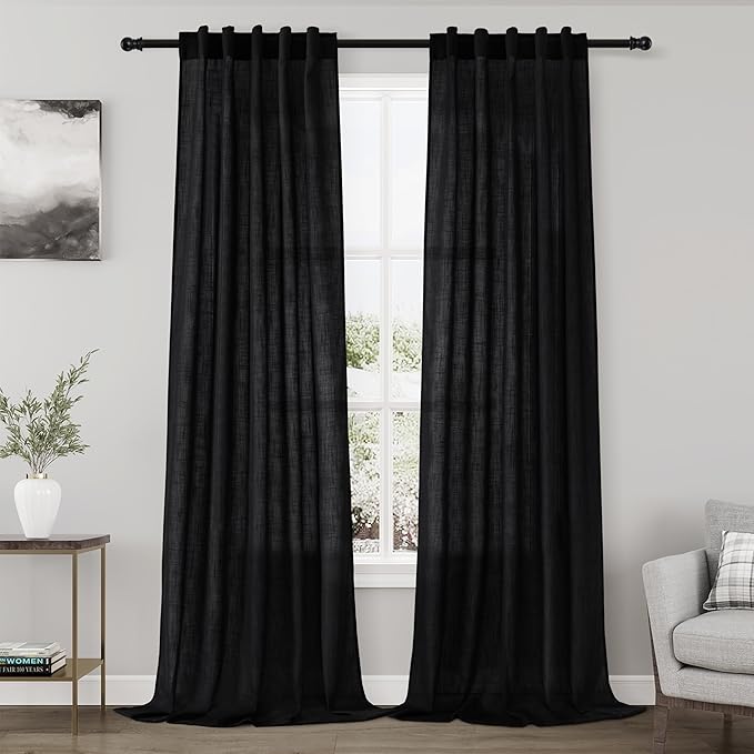 Nanspring Black Semi Sheer Linen Curtains 84 inch Length for Living Room Back Tab Rod Pocket Modern Farmhouse Coastal Decor Black Cotton Textured Gauze Curtains for Dining Room Office 38x84