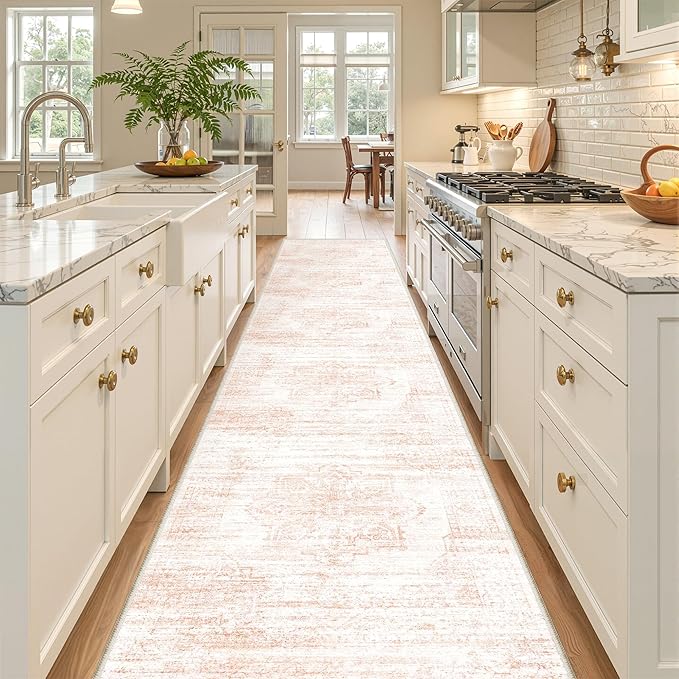 2x10 Runner Rug, Long Hallway Rugs for Dining Room, Living Room, Bedroom, Machine Washable Kitchen Carpet Runner with Rubber Backing, Soft Low Pile Indoor Rug(2'x10', Pink/White)