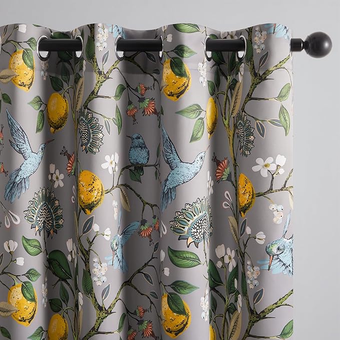 Topfinel 54 Inches Long Short Grey Blackout Curtains for Cafe Kitchen, Grommet Room Darkening Luxury Floral Lemon Hummingbird Patterned Waverly Colorful Drapes for Living Room Bedroom