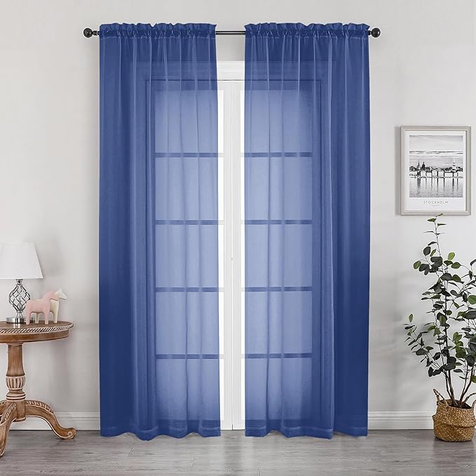 OWENIE Sheer Curtains 78 Inches Long 2 Panels Set for Bedroom Living Room, Light Filtering Voile Blue Sheer Curtain, Airy Rod Pocket Farmhouse Curtains, Royal Blue, Each 42Wx78L inch