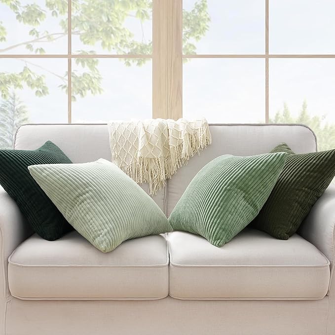 Topfinel LightGreen Boho CouchDecorative Throw Pillows Covers 18x18 Inch Set of 4,Olive Emerald Green Corduroy Soft Cushion Case,Rustic Fun Living Room Decor Green Gradient Cushion Covers(45×45cm)