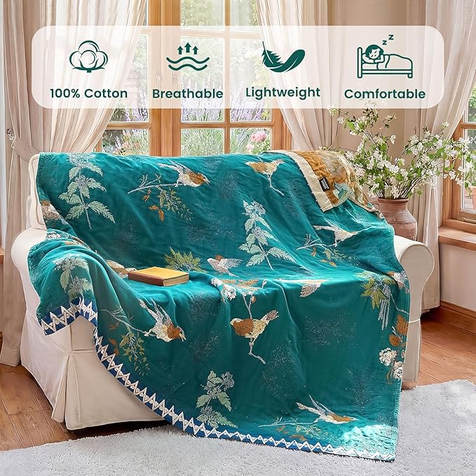 MSGKV The Boho Layer: 60"x80" Cotton Throw Blanket – Full Size for Couch Snuggles, Twin Bed Topper | Lightweight & Breathable Reversible Aviary Botanical Pattern, Decorative Accent