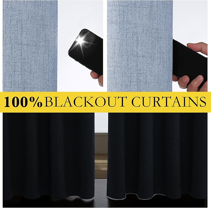 NICETOWN Stone Blue Vintage Linen 100% Blackout Curtains for Dining Room, Thermal Insulated Curtains 54" Long, Noise Reducing Window Treatment Drapes for Kitchen, 42" Wide Per Panel, Set of 2