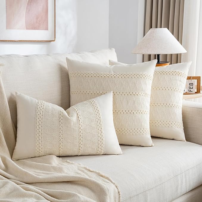 Fancy Homi Set of 1 Boho Cream Lumbar Decorative Throw Pillow Cover 12x20 Inch for Couch Bed Sofa Chair, Modern Organic Farmhouse Home Decor, Soft Cotton Cute Accent Rectangle Cushion Case