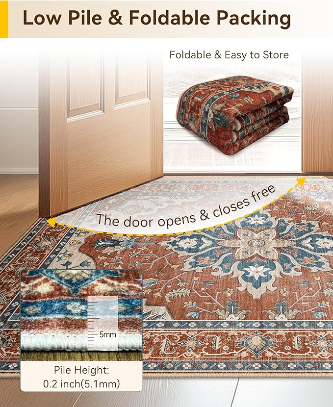 Area Rugs 8'x10' Washable Non-Slip, Floral Vintage Distress Print Pattern Medallion Carpet for Living Room Bedroom Dining Room, Red Orange Blue Brown