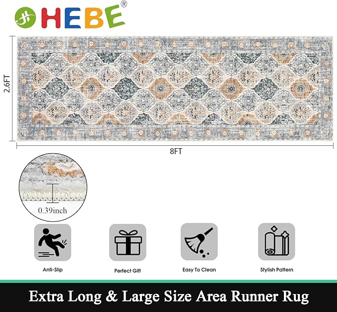 HEBE Hallway Runner Rug 2'8"x8' Washable Vintage Distressed Area Rugs Non Slip Laundry Rug Runner Boho Floor Carpet Runners for Hallways Entryway Laundry Room Kitchen Bathroom
