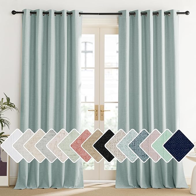 NICETOWN 100% Absolutely Blackout Linen Curtains with Thermal Insulated Liner, Seafoam Green, 62" Wide, 120" Length Energy Saving Curtains for Living Room 2 Panels Set, Vertical Blinds