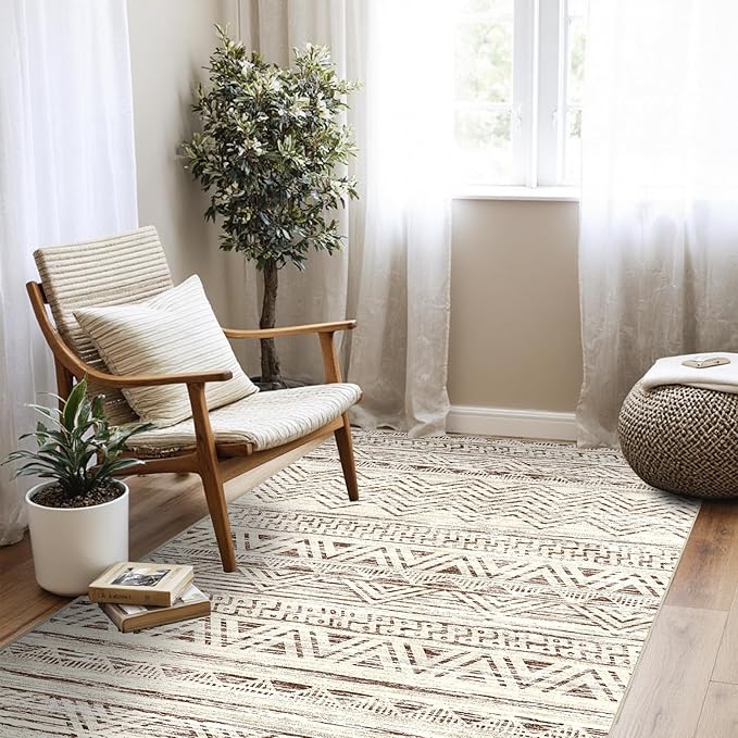4x5 Washable Entryway Area Rug: Modern Moroccan Runner Rugs Indoor Soft Non Slip Door Mat for Living Room Low Pile Thin Floor Carpet for Kitchen Dining Room Bedroom Home Office Decor(4x5,Beige)