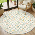 Round Area Rug for Living Room: 4 ft Floral Washable Circle Rug Soft Non-Slip Carpet Indoor Stain Resistant Low Pile Small Circular Rug for Bedroom Entryway Kitchen Nursery Home Office Beige/Multi