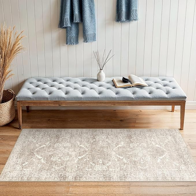 2x5 Washable Hallway Runner Rug - Non Slip Kitchen Runner Rugs with Rubber Backing Vintage Low-Pile Carpet Runners for Entryway Dining Room Laundry Room Home Decor (Beige)
