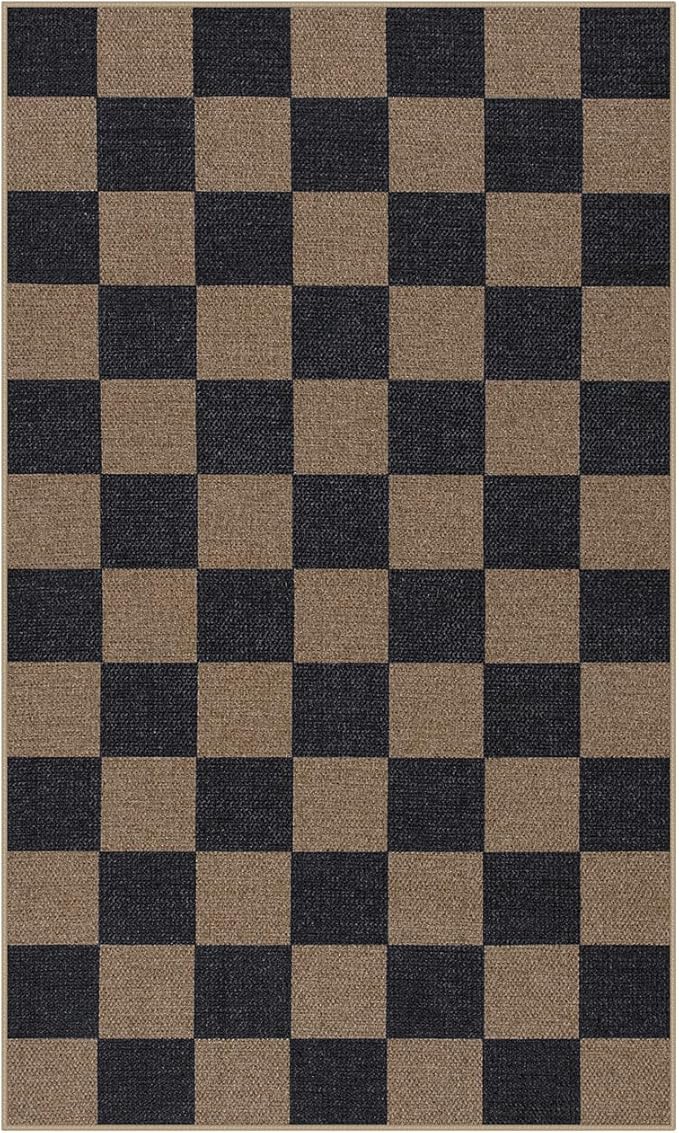 Lahome Colette Checkered Easy Jute 3x5 Rug, Washable Rugs for Living Room Entryway Farmhouse Non Slip Black Outdoor Carpet, Checkerboard Indoor Door Mat for Entry Patio Deck