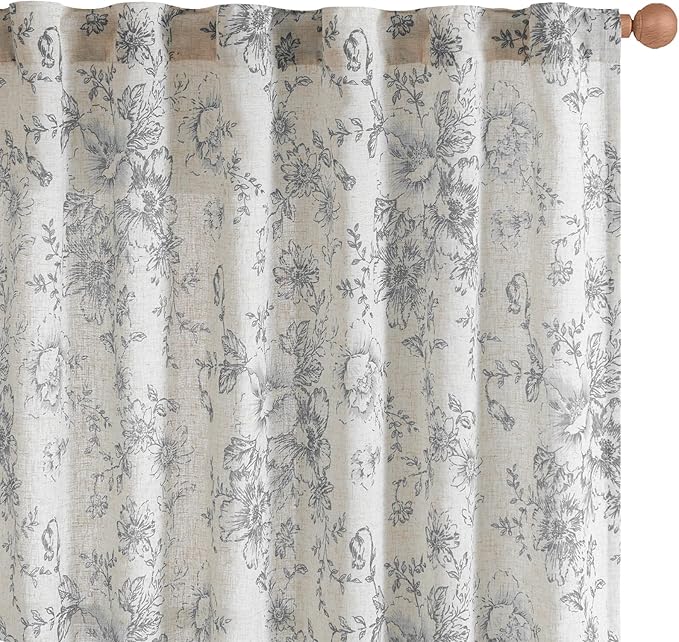 jinchan Linen Blend Curtain Floral Curtains for Living Room 63 Inch Length Grey Printed Curtain Rod Pocket Back Tab Farmhouse Peony Flower Patterned Drapes Bedroom Window Curtains Set 2 Panels