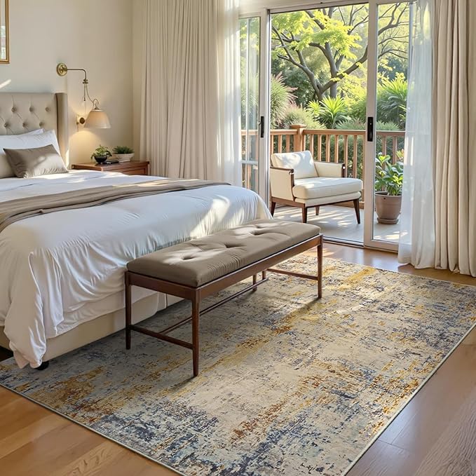 Area Rug 4x6 Beige Rug Washable Boho Rugs Non Slip Low Pile Abstract Small Carpet for Entryway, Bedroom, Kitchen, Classroom, Kids Room, Office, Dorm, Dining Room Light Tan