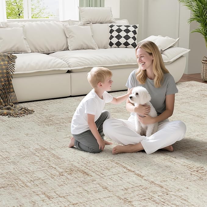 5x7 Area Rugs for Living Room Washable Rug: Anti-Skid Abstract Modern Living Room Rug Soft Thin Carpets Indoor Floor Non-Shedding Carpet for Bedroom Dining Farmhouse Nursery Beige White