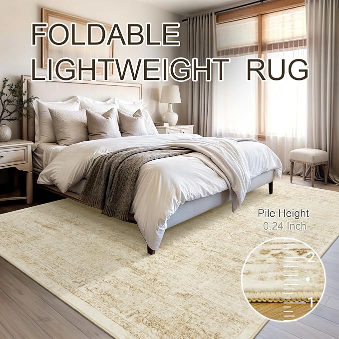 Soalmost Washable Area Rug 8x10, Large Soft Rugs for Living Room Vintage Beige 8x10 Area Rugs for Bedroom Dining Room Floral Non-Slip Thin Rug