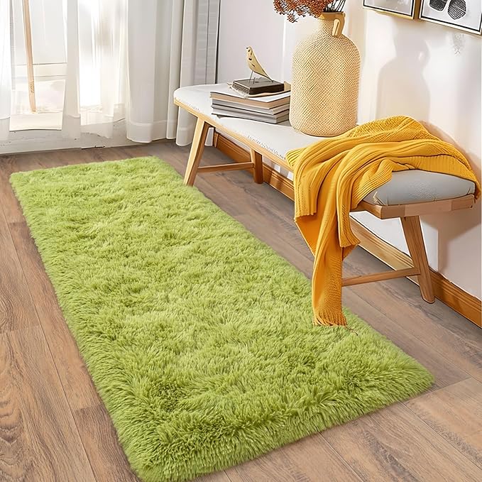 Soft Runner Rugs for Bedroom Hallways, 2x6 Grass Green Fluffy Shag Throw Area Rug Non Slip for Bedside Dorm, Long Shaggy Furry Carpet for Nursery Living Room