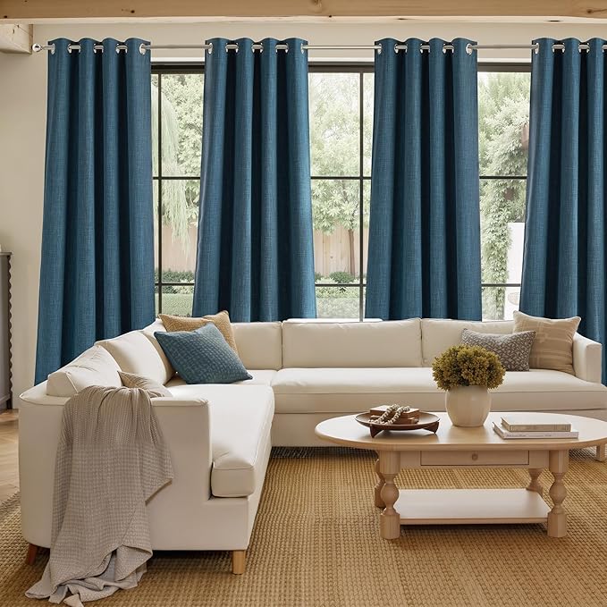 NICETOWN Stone Blue Faux Linen Room Darkening Rod Pocket Curtains 63 inch Length, W42 x L63, Light Blocking Thermal Insulated Noise Reducing Drapes for Bedroom Living Room Farmhouse Decor, 2 Panels