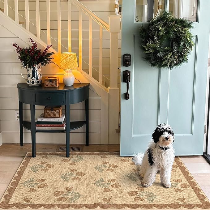 3x5 Floral Entry Rug - Small Washable Indoor Outdoor Mats for Front Door Non-Slip Jute-Look Porch Rug Boho Tan Scalloped Throw Rugs for Living Room Bedroom Entryway Kitchen Office Porch Decor