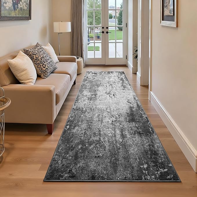 2x6 Black Rug Runners for Hallways Kitchen Runner Rug Non Slip Washable Black Long Runner Rugs with Rubber Backing Soft Abstract Carpet Runner for Bedroom, Kitchen, Bathroom, Entryway