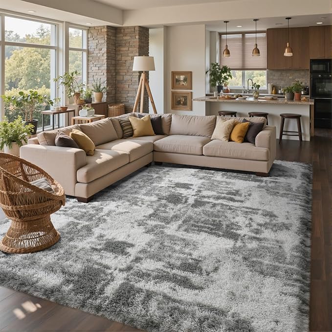 8x10 Ft Extra Large Shag Rugs for Living Room, Tie Dyed Ultra Soft Fluffy Furry Area Rugs for Bedroom Indoor Floor, Aesthetic Carpet for Kids Home Decor (Grey)