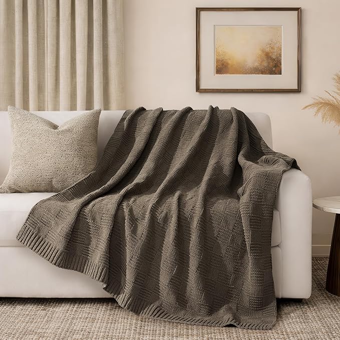 EVERGRACEHOME Modern Checkered Chenille Throw Blanket, Soft Cozy Plaid Knitted Blanket for Sofa & Couch, Decorative Knit Throw for Bed and Living Room, Mocha Brown, 60" x 80"