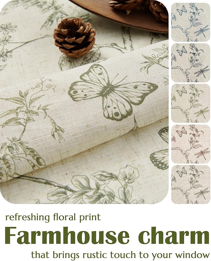 jinchan Floral Linen Curtains for Living Room 63 Inch Length Butterfly Sage Green Floral Curtains French Country Farmhouse Flower Patterned Drapes Window Treatments Set 2 Panels