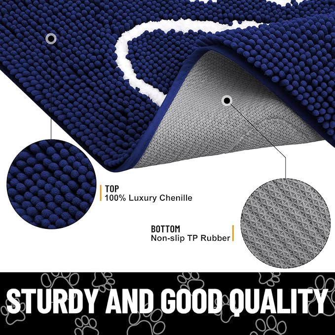 Smiry Dog Door Mat for Muddy Paws, Absorbent Dirt Trapper Non Slip Quick Dry Washable Chenille Mat for Mud Dogs, Entry Rug for Indoor and Outdoor (24x16 Inches, Navy Blue and White)