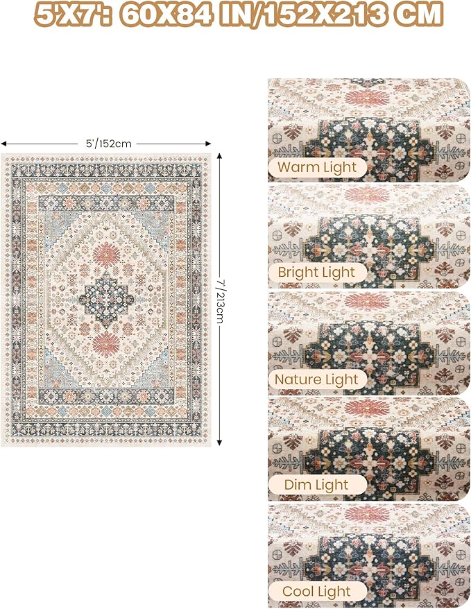 Area Rugs 5x7, Ultra-Thin Washable Rugs for Living Room, Anti-Slip Backing Area Rug for Bedroom, Soft Floral Vintage Home Decor Rug for Dining Room(Blue/Red/Multi,5'x7')