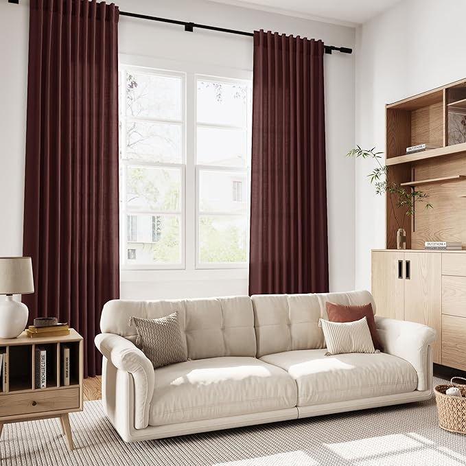 Nanspring Reddish Brown Linen Blend Light Filtering Back Tab Curtains 96 Inches Long, Semi Sheer Privacy Drapes for Living Room & Bedroom, 52x96 inch, 2 Panels
