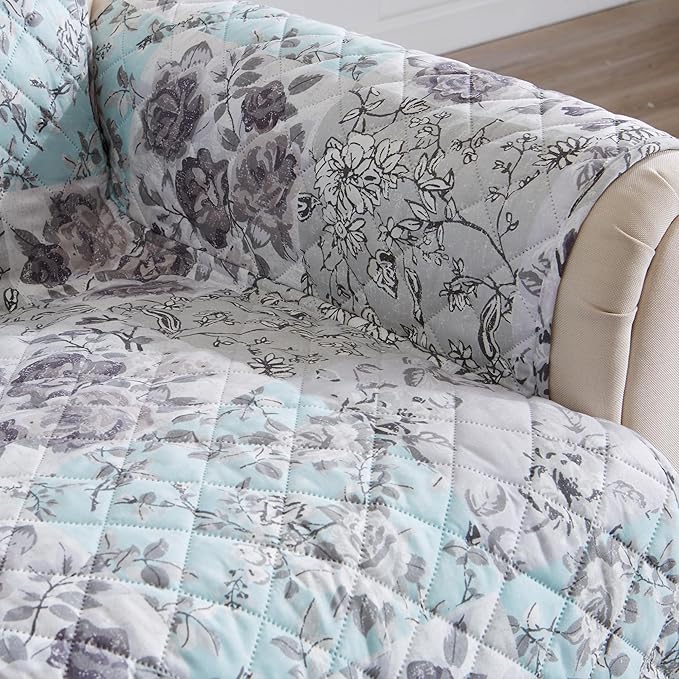 Great Bay Home Reversible Floral Patchwork Chair Furniture Protector - Machine Washable, Scalloped Edge, Stain Resistant, Printed Furniture Cover for Dogs, Kids, and Pets (Gray/Aqua)