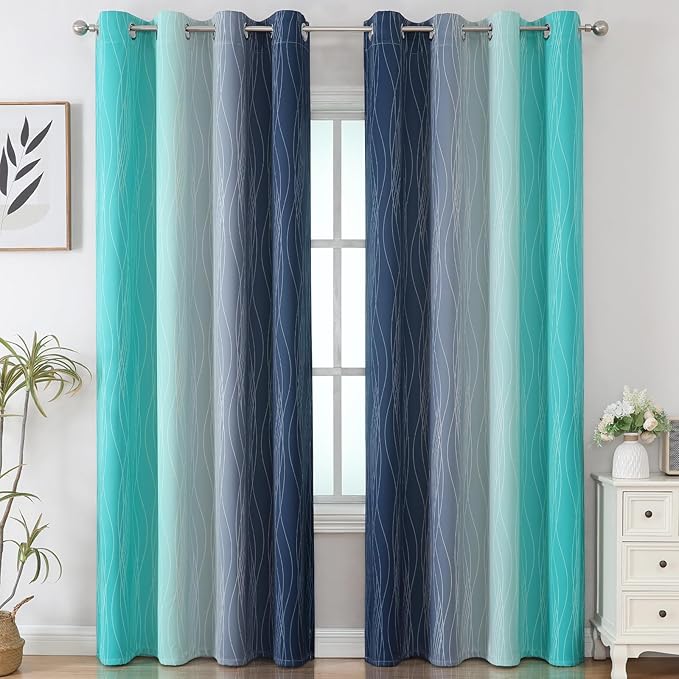 Estelar Textiler Navy Blue and Teal Gradient Blackout Curtains 102 Inches Long for Bedroom, Thermal Insulated Full Room Darkening Ombre Gray Grommet Drapes for Living Room, 52Wx102L, 2 Panels