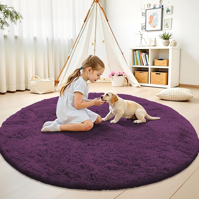 OLANLY Dark Purple Round Rugs for Bedroom - Machine Washable, 7 ft Circle Area Rugs for Living Room, Soft and Fluffy Shaggy Carpet for Teen Girl and Boys, Nursery Rooms, Dorms, Home Decor Aesthetic