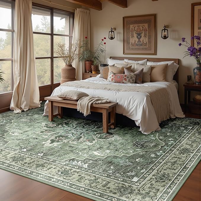 Area Rugs 9'x12' Washable Non-Slip, Floral Vintage Distress Print Pattern Medallion Carpet for Living Room Bedroom Dining Room, Dark Green Gray