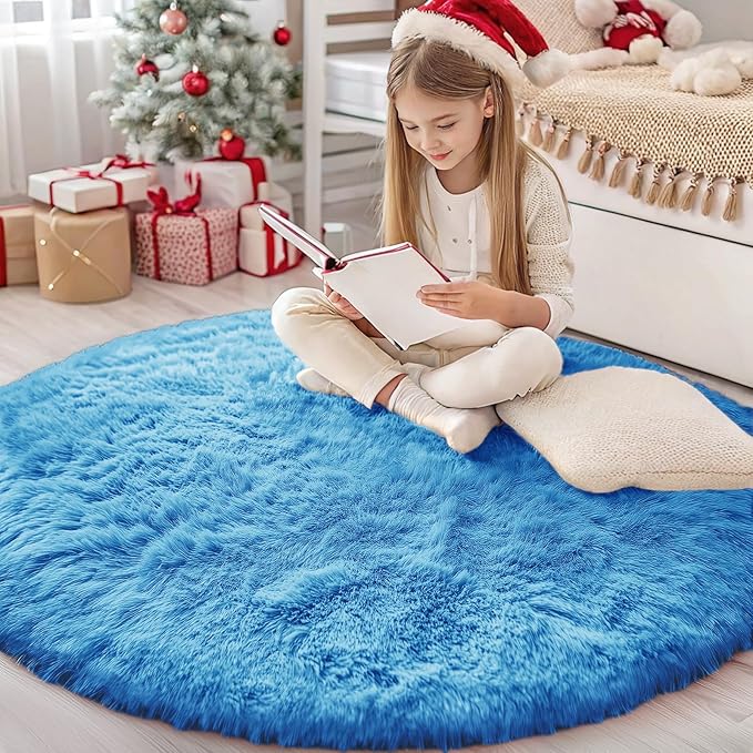 OLANLY Bright Blue Round Rugs for Bedroom - Machine Washable, 4 ft Circle Area Rugs for Living Room, Soft and Fluffy Shaggy Carpet for Teen Girl and Boys, Nursery Rooms, Dorms, Home Decor Aesthetic