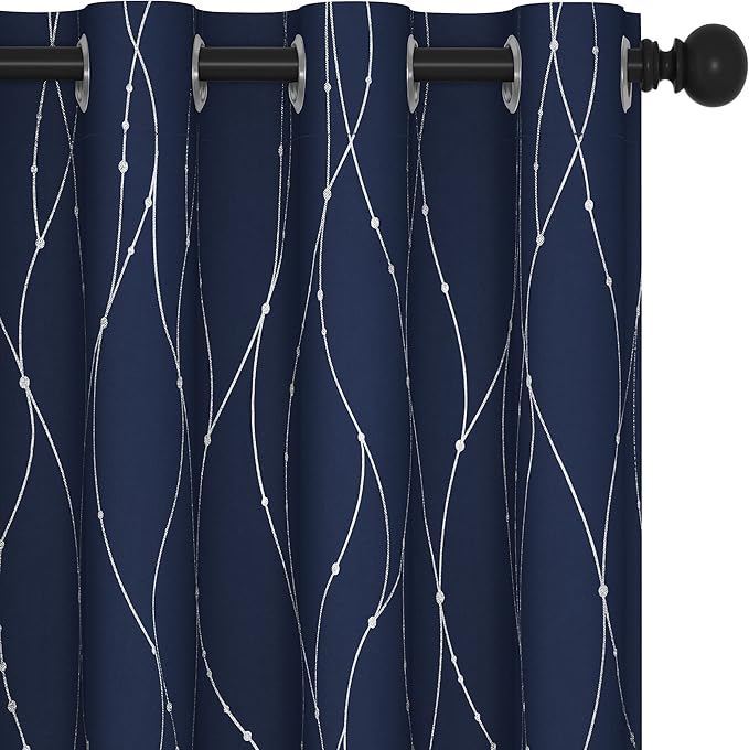 Deconovo Blackout Curtains for Living Room, Thermal Insulated Soundproof Drapes, Wave Dots Silver Print, 52 x 84 Inches Long, 2 Panels, Machine‑Washable Window Panel for Bedroom Patio Door, Navy Blue
