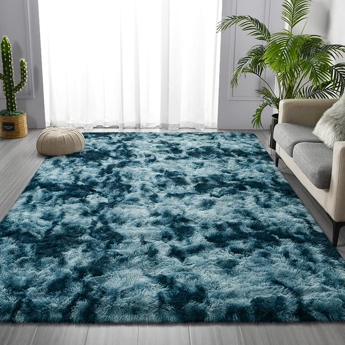 Deerhoo Large Shag Area Rugs 6 x 9, Tie-Dyed Plush Fuzzy Rugs for Living Room, Ultra Soft Fluffy Furry Rug for Bedroom, Indoor Carpet Nursery Rugs for Kids Room Home Decor, Peacock Blue