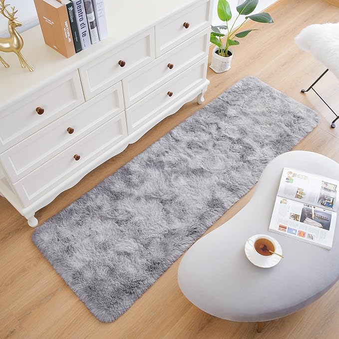 Chicrug Soft Runner Rugs for Bedroom Living Room Plush Fluffy Rug 2x8 Feet, Shag Furry Area Rug Carpet Non Shedding for Nursery Children Kids Girls Room Home Decorative, Grey and White