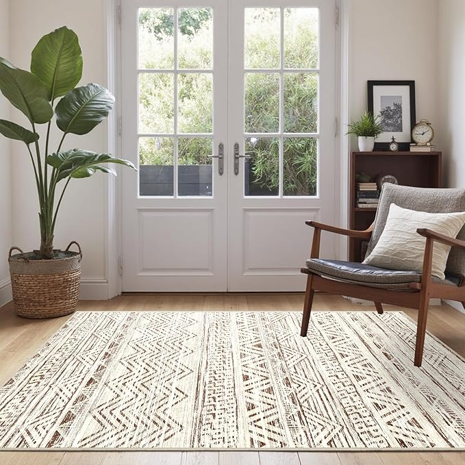 3x5 Washable Entryway Area Rug: Modern Moroccan Small Runner Rug Indoor Soft Non Slip Rug for Living Room Low Pile Thin Floor Carpet for Kitchen Dining Room Bedroom Home Office Decor(3x5,Beige)