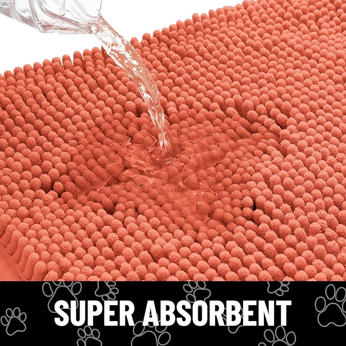 Smiry Dog Door Mat for Muddy Paws, Absorbent Dirt Trapper Non Slip Quick Dry Washable Chenille Mat for Mud Dogs, Entry Rug for Indoor and Outdoor (30x20 Inches, Coral and White)