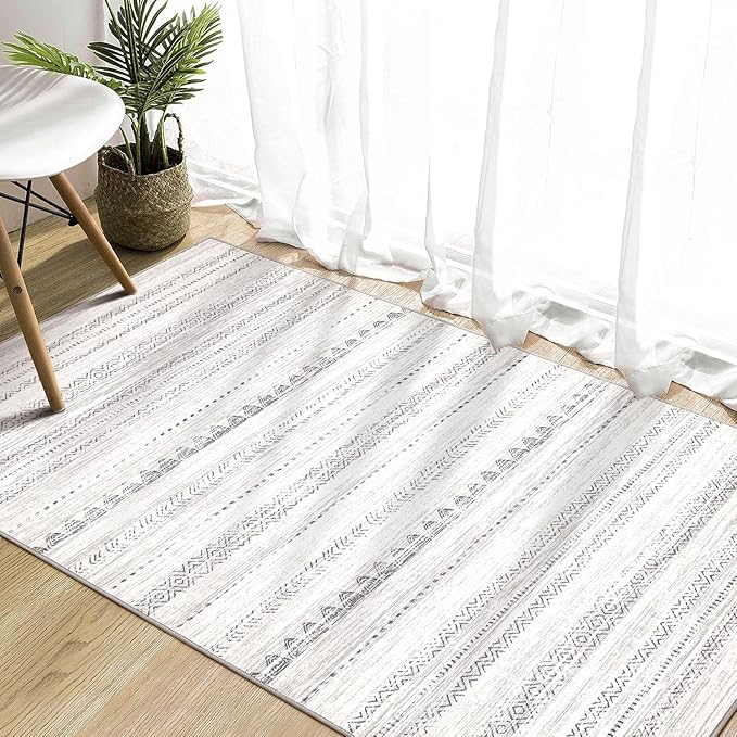 Nakagishi Area Rug Living Room Rugs: 3x5 Soft Machine Washable Boho Neutral Farmhouse Stain Resistant Moroccan Indoor Floor Carpet for Bedroom Nursery Kids Entryway Kitchen Entry Bedside Home- Gray
