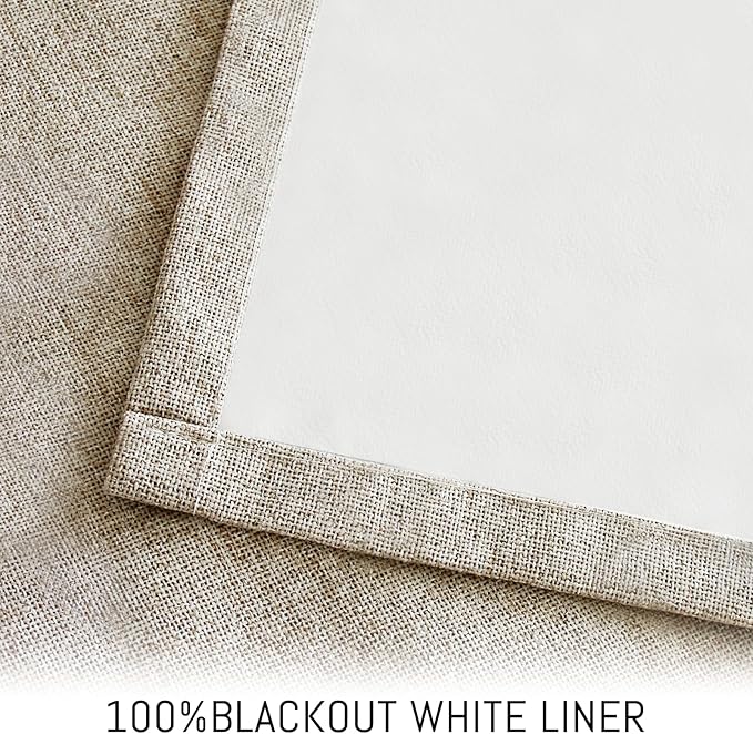 Yakamok Natural Linen Curtains 100% Blackout 96 Inches Long,Room Darkening Textured Curtains for Living Room Thermal Grommet Bedroom Curtains 2 Panels with Greyish White Liner