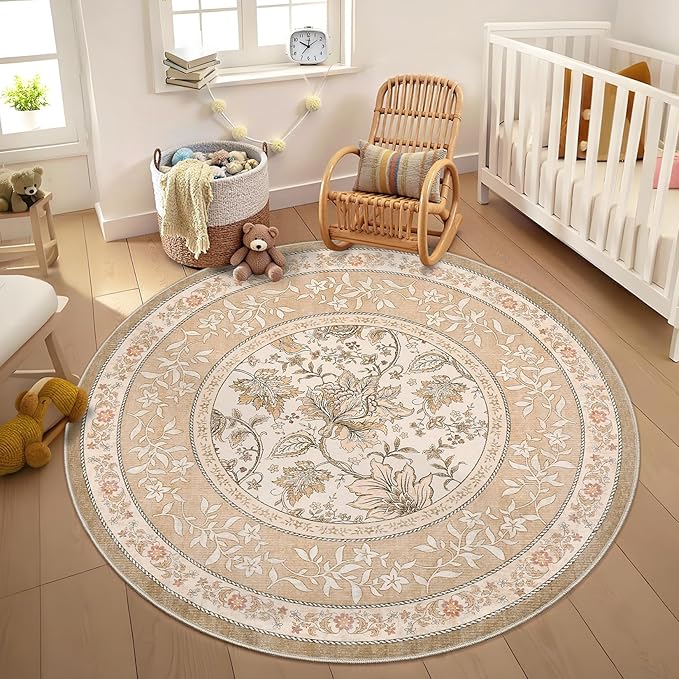 GarveeHome Pinkish Brown Botanical Grove 4ft Round Rug, Small Circle Vintage Cottagecore Soft Low-Pile Non-Slip Washable Rugs for Living Room Bedroom Nursery Kitchen Retro Carpet
