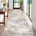 KOZYFLY Modern Abstract Washable Rug Runner 2.6x12 Hallway Rug Runner Non-Slip Soft Kitchen Runner Rugs, Multi Grey/Orange Striped Carpet for Entryway Bathroom