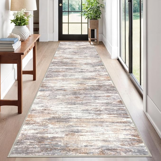 KOZYFLY Modern Abstract Washable Rug Runner 2.6x12 Hallway Rug Runner Non-Slip Soft Kitchen Runner Rugs, Multi Grey/Orange Striped Carpet for Entryway Bathroom