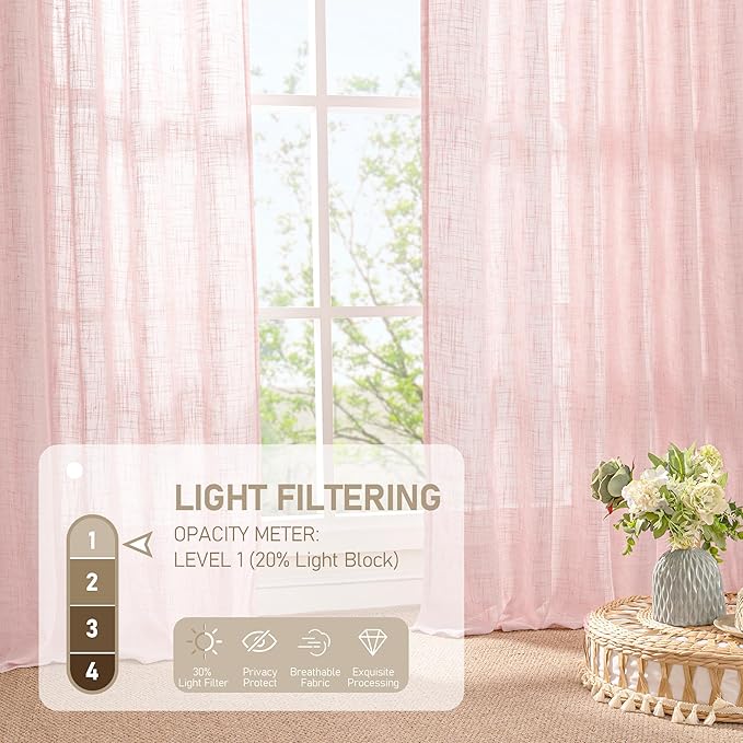 LAMIT Linen Curtains 48 Inch Length 2 Panels, Light Filtering Panels Back Tab and Rod Pocket Neutral Drapes for Kitchen/Window/Kids Room/Bedroom, 34 x 48 Inch Pink