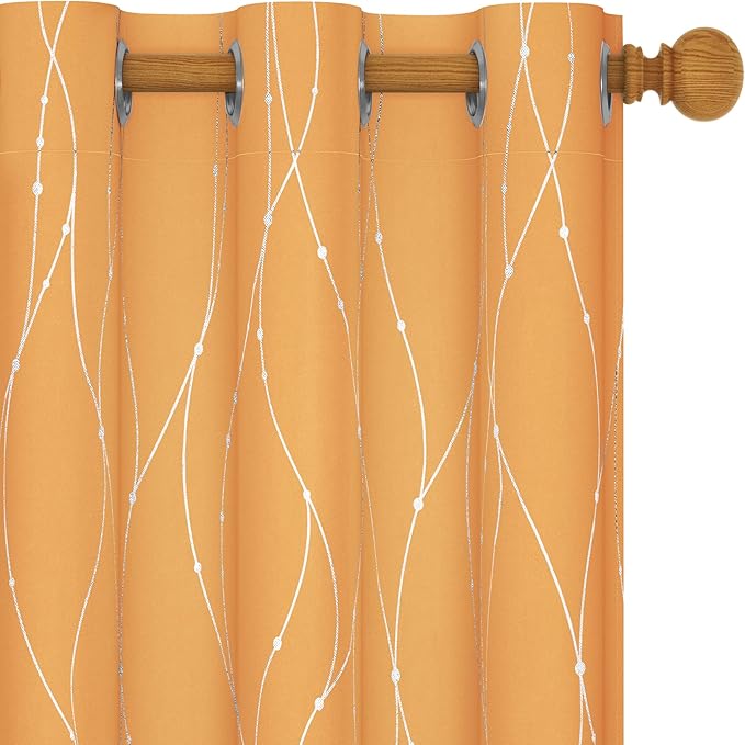 Deconovo Halloween Curtains, Blackout Drapes, Thermal Insulated Soundproof Curtain with Silver Wave Dots Print, 42 x 63 Inch, Machine Washable Panels for Bedroom Living Room Party, Set of 2, Orange