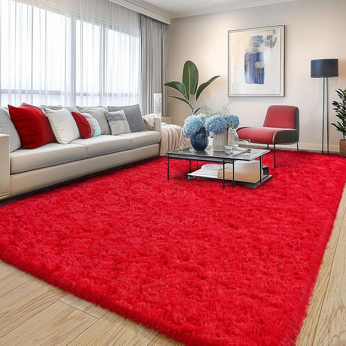 Pionblank Large Rug for Living Room 6x9 Feet, Modern Soft Shag Area Rug, Plush Fuzzy Carpet for Bedroom Girls Boys Room Home Nursery Teens Dorm Decor, Red