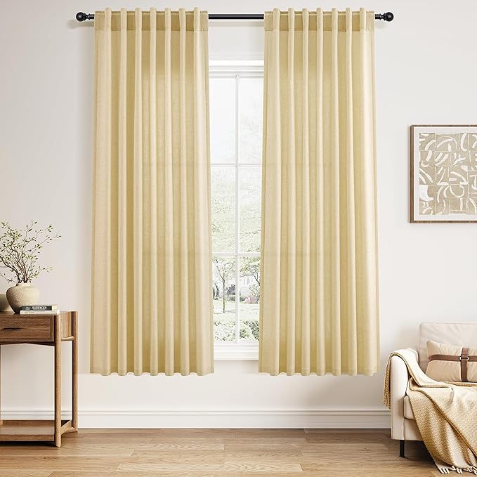 Nanspring Cream Yellow Linen Curtains 63 Inch Length for Living Room Light Filtering Modern Farmhouse Semi Sheer Curtains Back Tab and Rod Pocket Privacy Curtain for Bedroom Office 52x63, 2 Panels